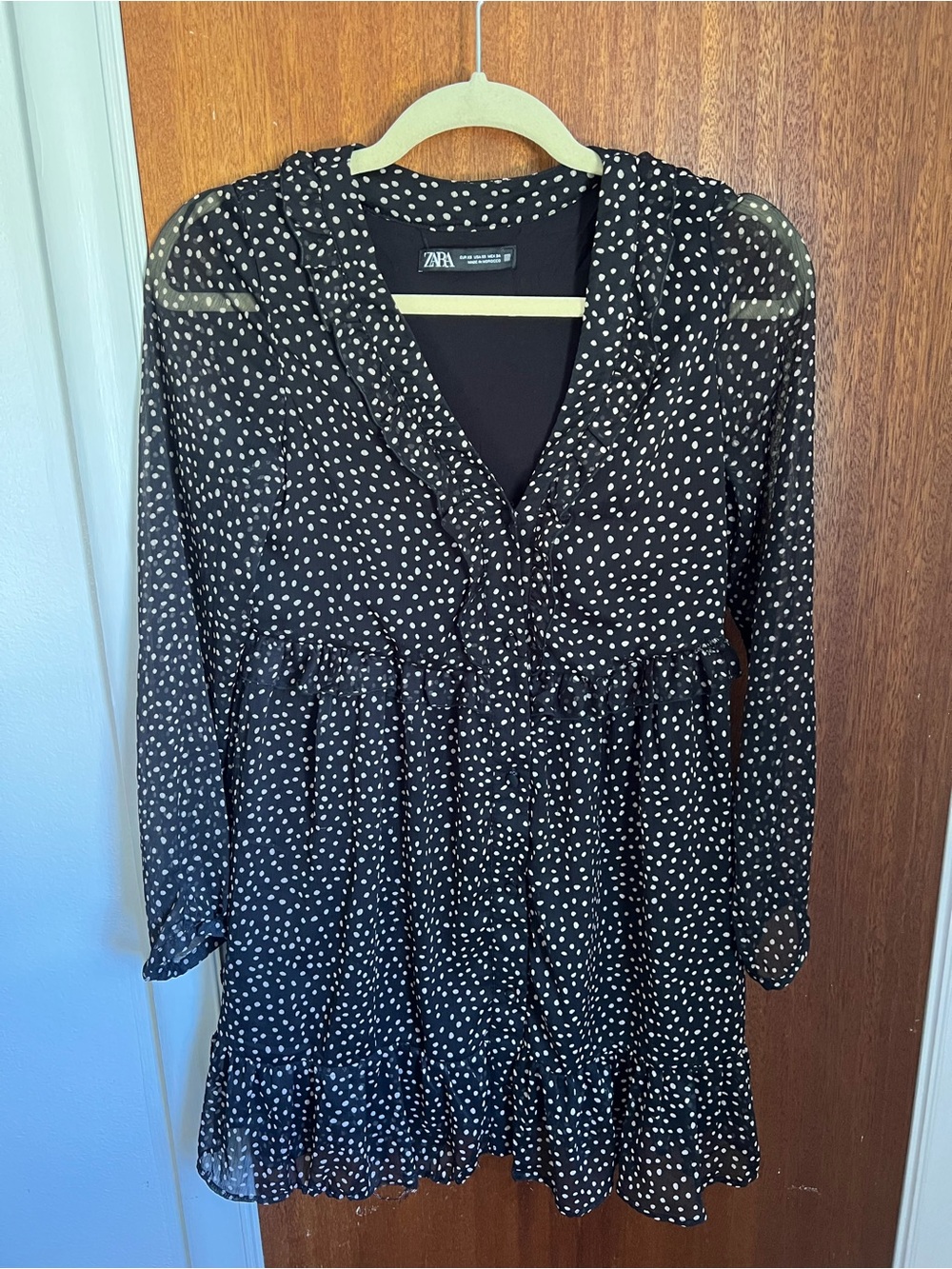 ZARA Black Polka Dot Long-Sleeve V-Neck Mini Dress